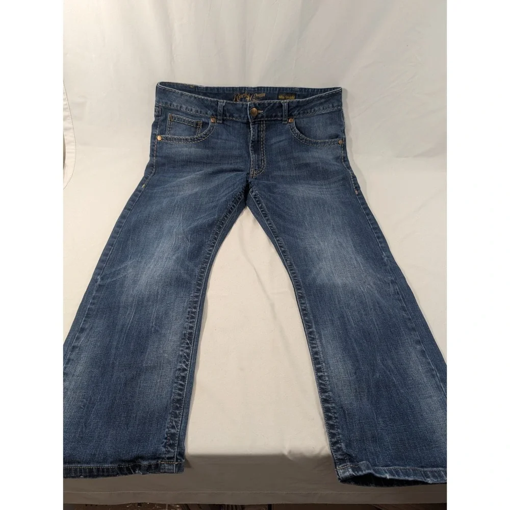 Wrangler Rock 47 Jeans Mens 38x30‎ Thick Stitch Heavy Blue Slim Straight Denim